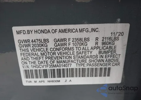 2021 Honda Accord Sport из США, поврежденный, VIN 1HGCV1F35MA014077